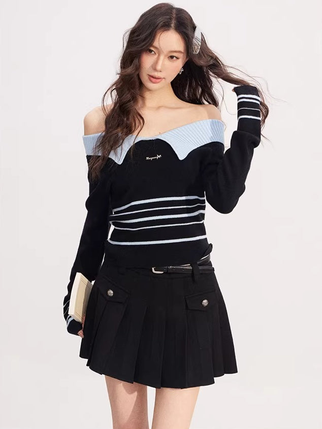 Contrast Collar Striped Knit Polo Top