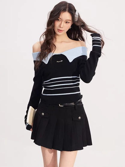 Contrast Collar Striped Knit Polo Top