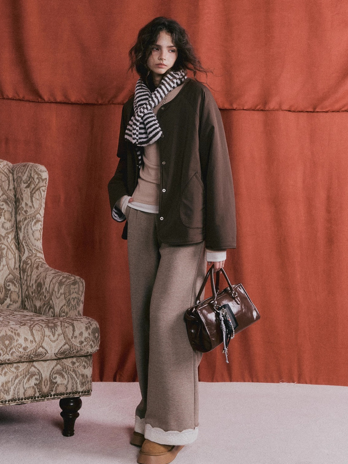 Reversible Striped Faux Scarf Detail Shearling Jacket