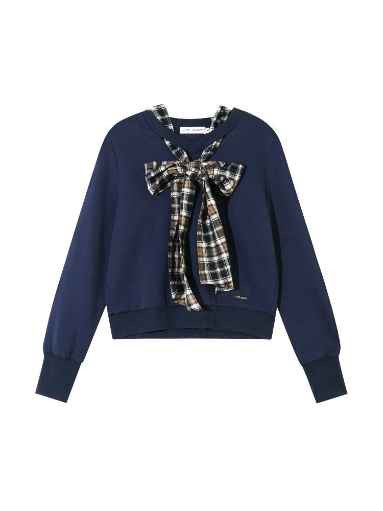 Plaid Bowknot Strappy Sweatshirt