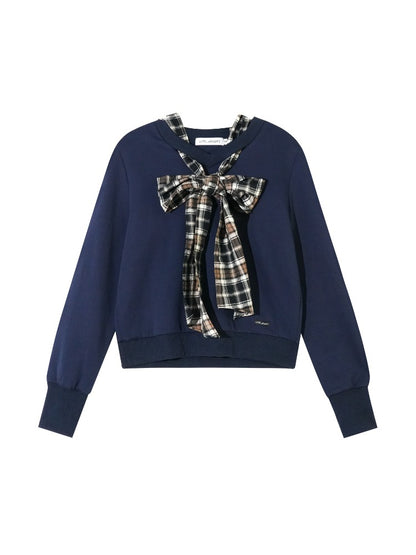 Plaid Bowknot Strappy Sweatshirt