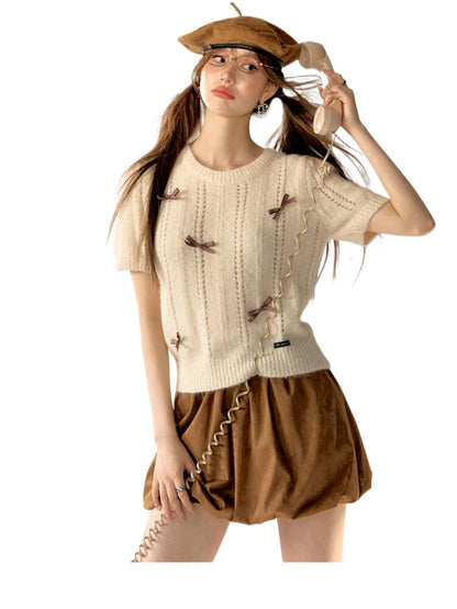 Bow Puff Sleeve Knit T-Shirt