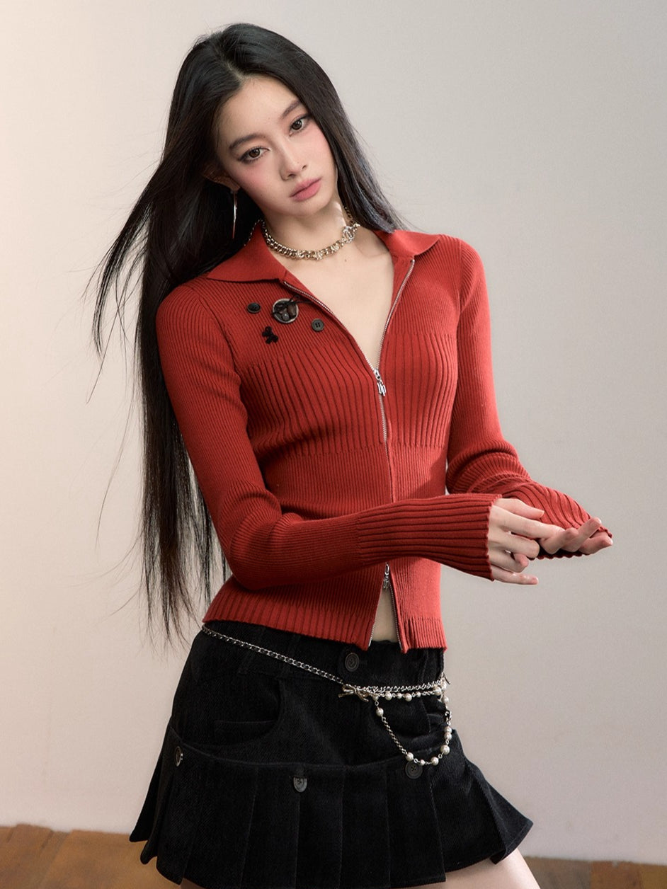 Button-Detail Zip-Up Knit Cardigan