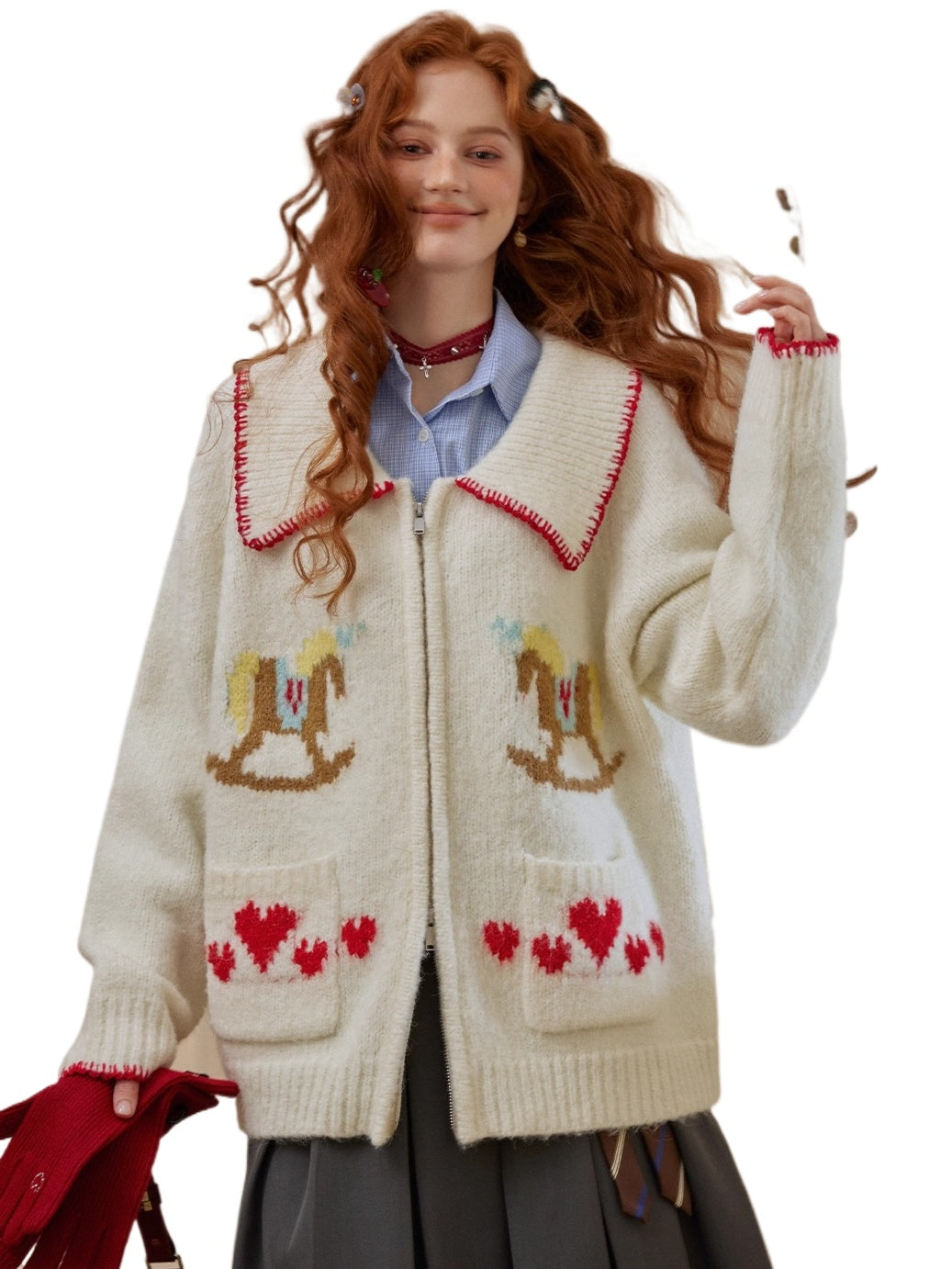Contrast-Trim Pony Jacquard Zip-Up Knit Cardigan