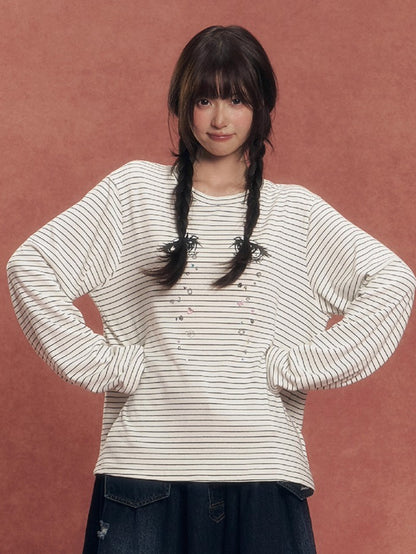 Crystal Eye Print Striped Long-Sleeve T-Shirt