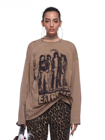 Washed Portrait Print Long Sleeve T-Shirt