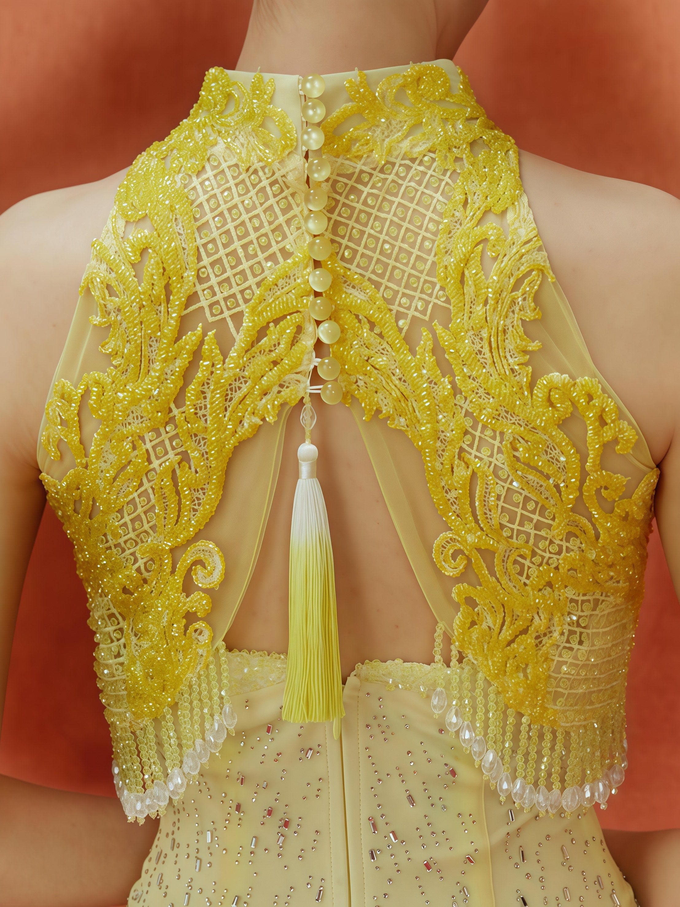 Golden Embroidered Halter Neck Gown with Detachable Train