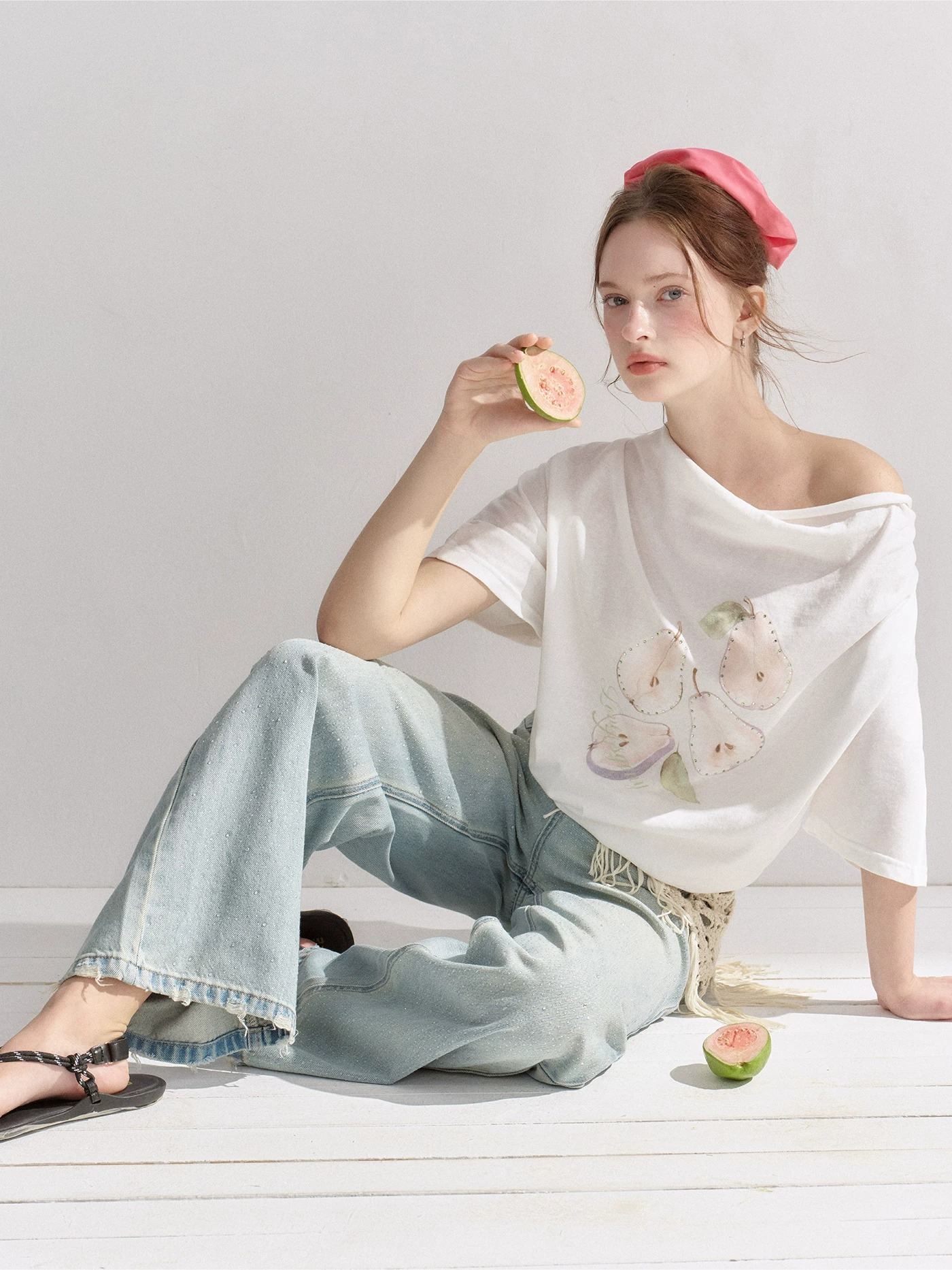 Pear Embellished Draped Off-Shoulder Relaxed T-Shirt