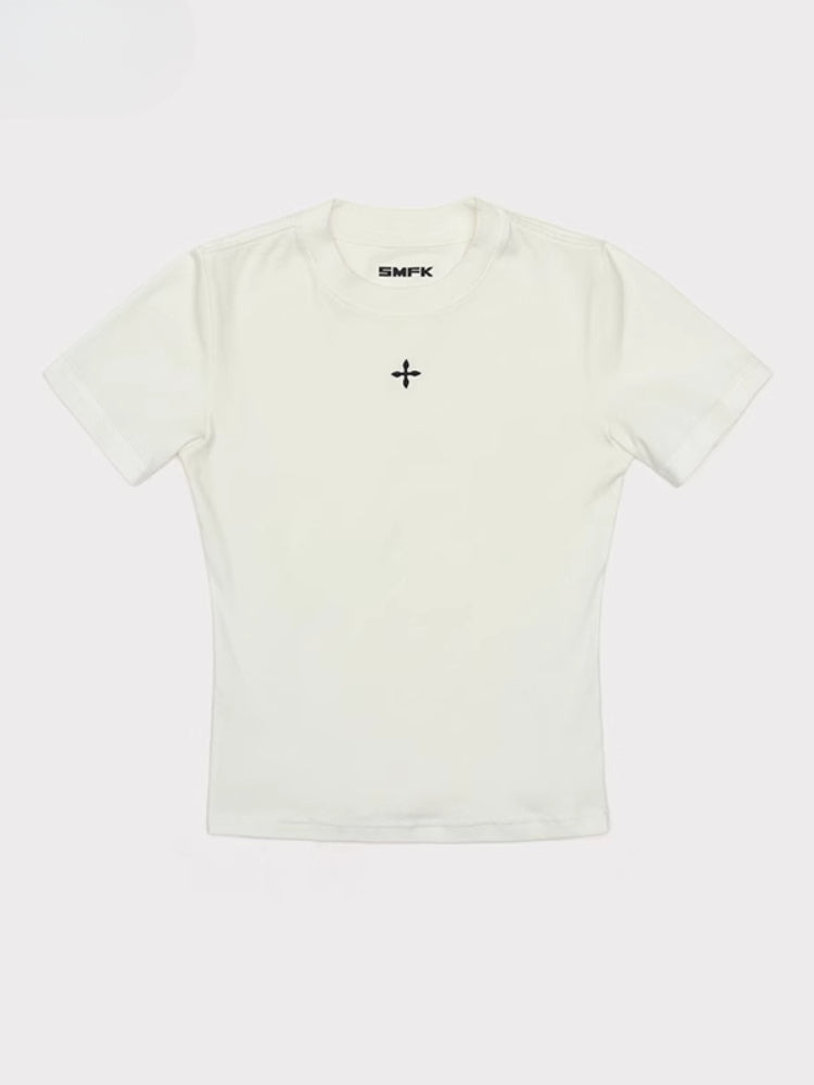 Waist-Cinching Embroidered Round-Neck T-Shirt - CHINASQUAD