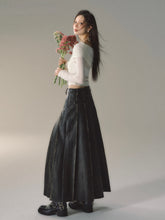 Black Pleated Leather Maxi Skirt - CHINASQUAD