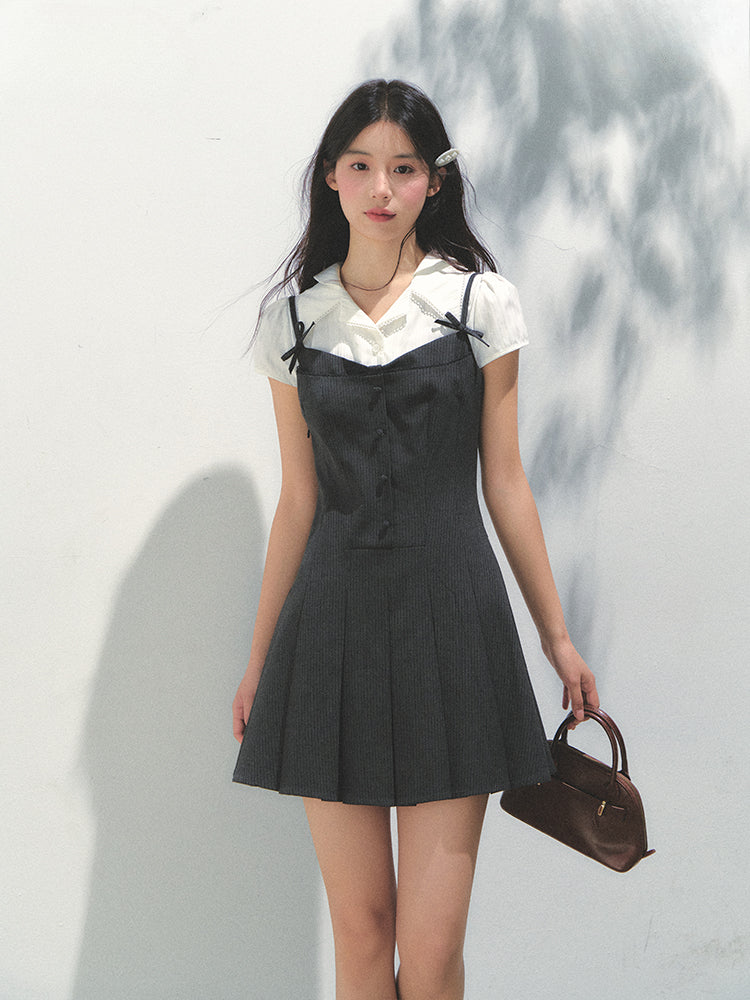 SUNSET PARK Academy Style Fake Two-piece Pleated Dress – Gray