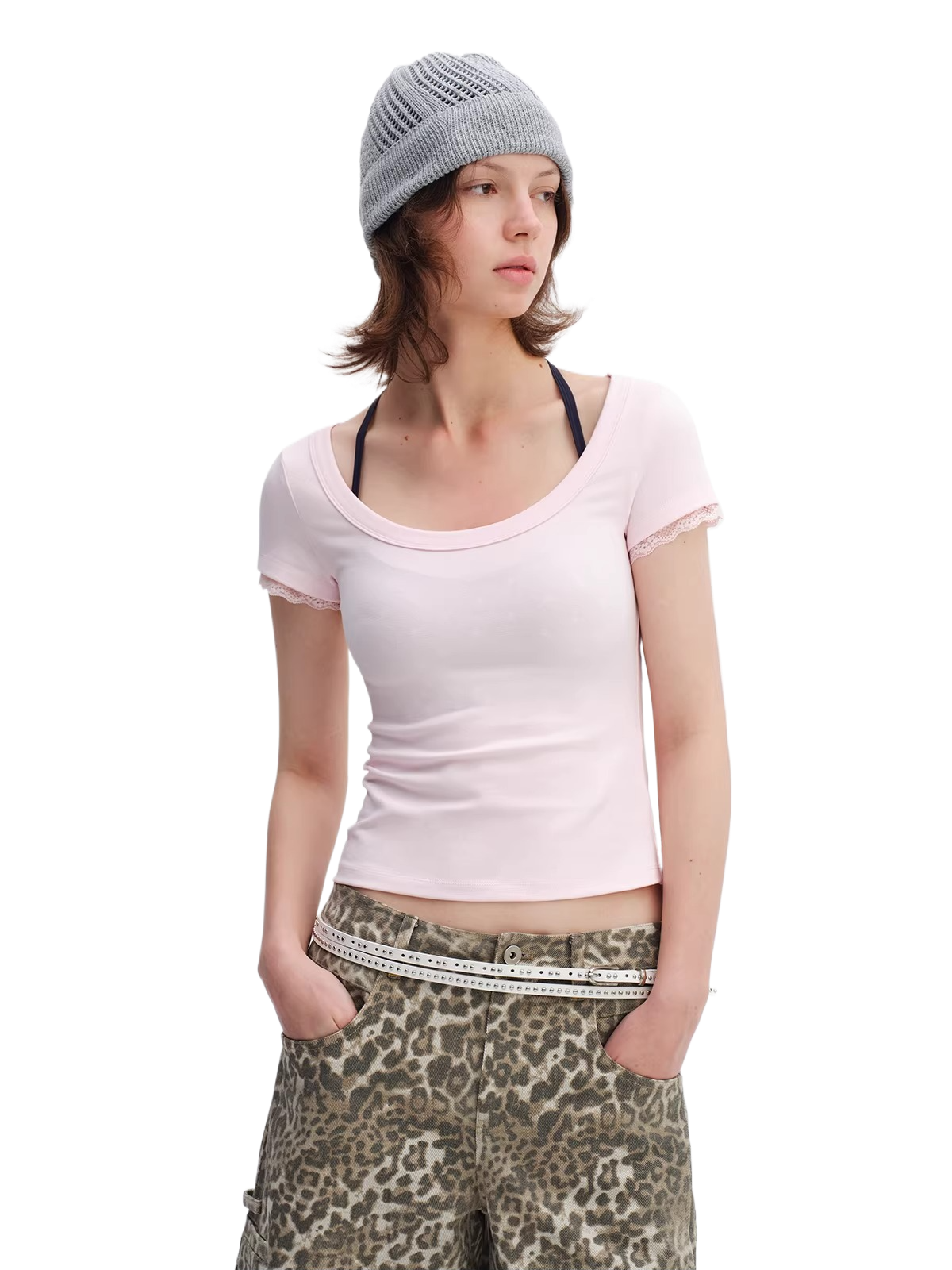 Lace Trim Scoop Neck Fitted Cotton T-Shirt