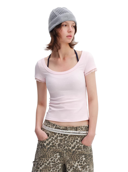 Lace Trim Scoop Neck Fitted Cotton T-Shirt