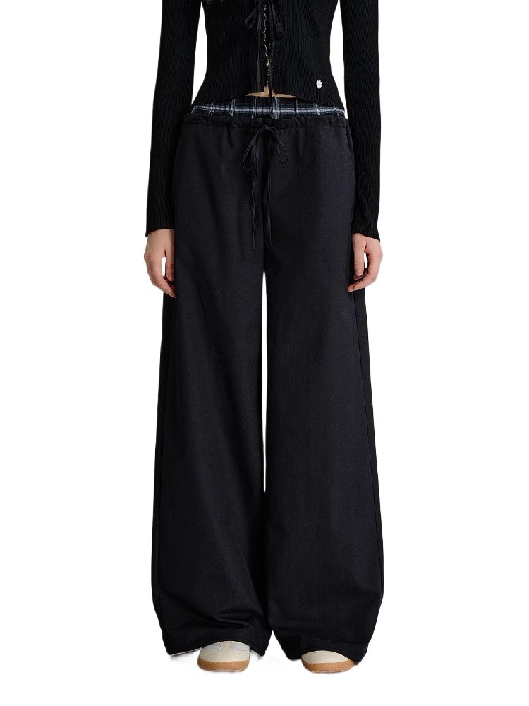 Black &amp; Brown Drawstring Wide-Leg Pants