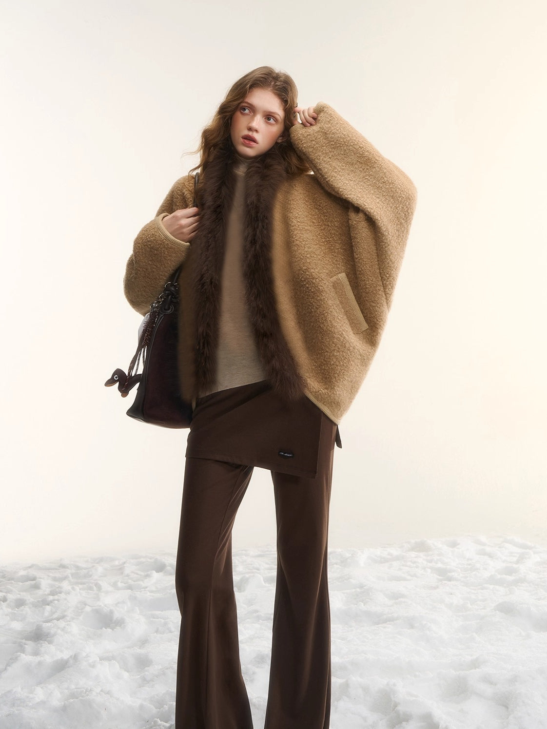 Wool-Blend Fur-Trim Cape Jacket