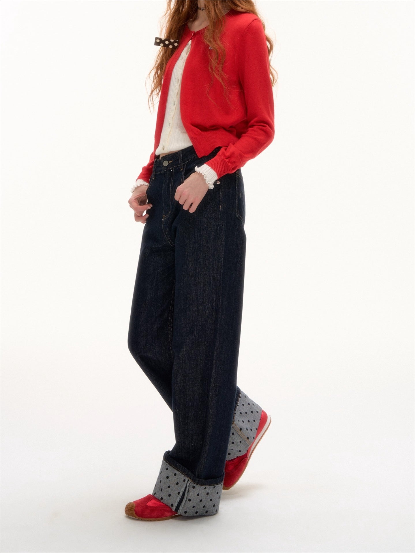 Contrast Cuff Polka Dot Denim Straight-Leg Jeans