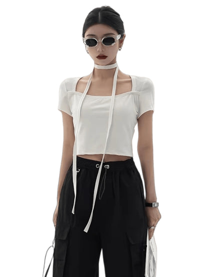Tie-Detail Square-Neck Cropped T-Shirt