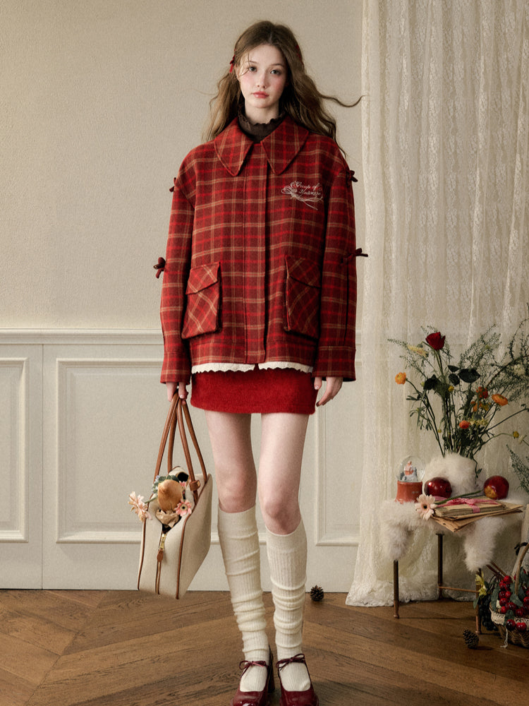 Cherry Bow Plaid Coat