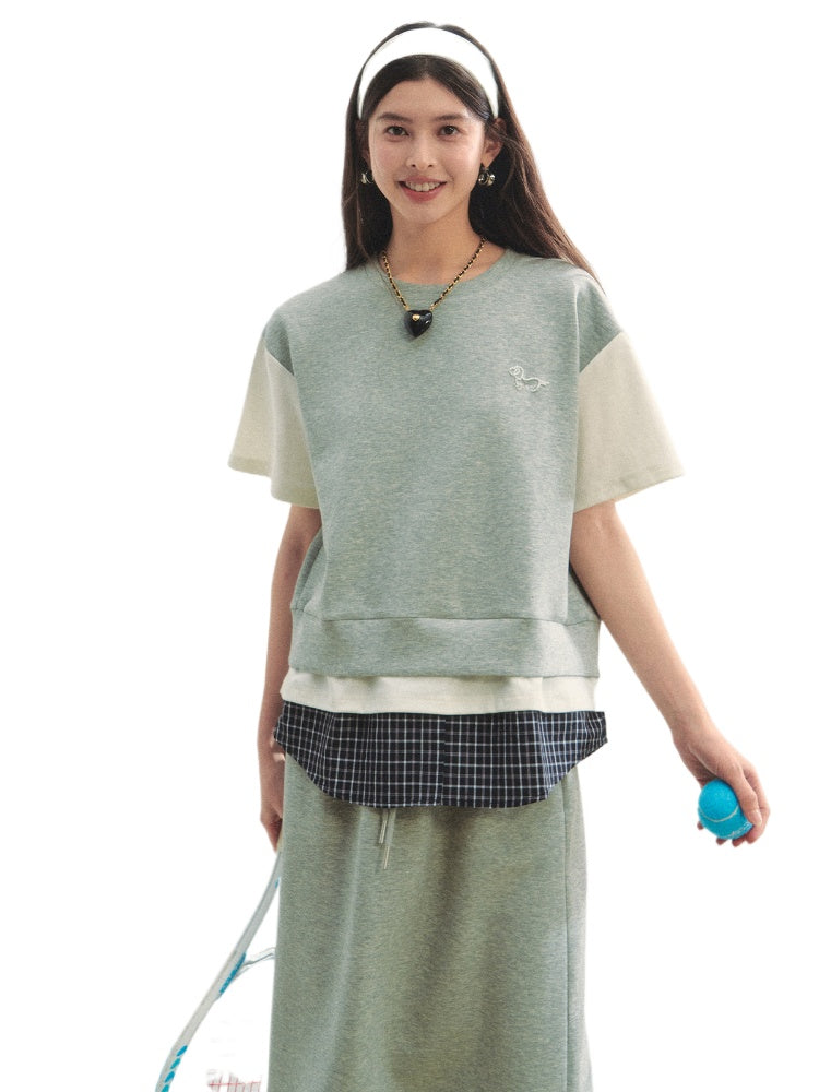 Fake 3-Piece Plaid Short-Sleeve T-shirt &amp; Skirt Set