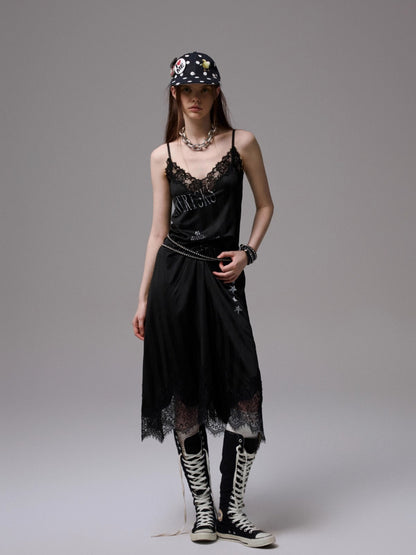 Letter-printed Spliced Lace Camisole Dress
