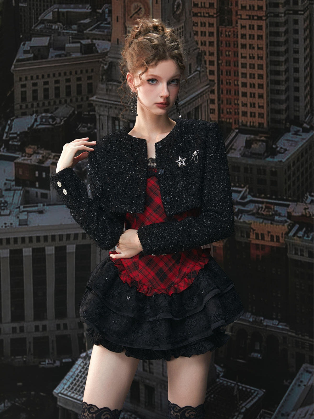 Plaid Puff Dress with Lace Overlay Set