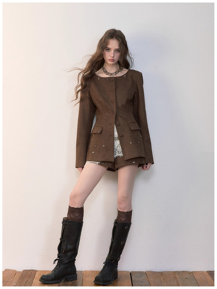 Rivet Suede-Like Waist-Defined Jacket
