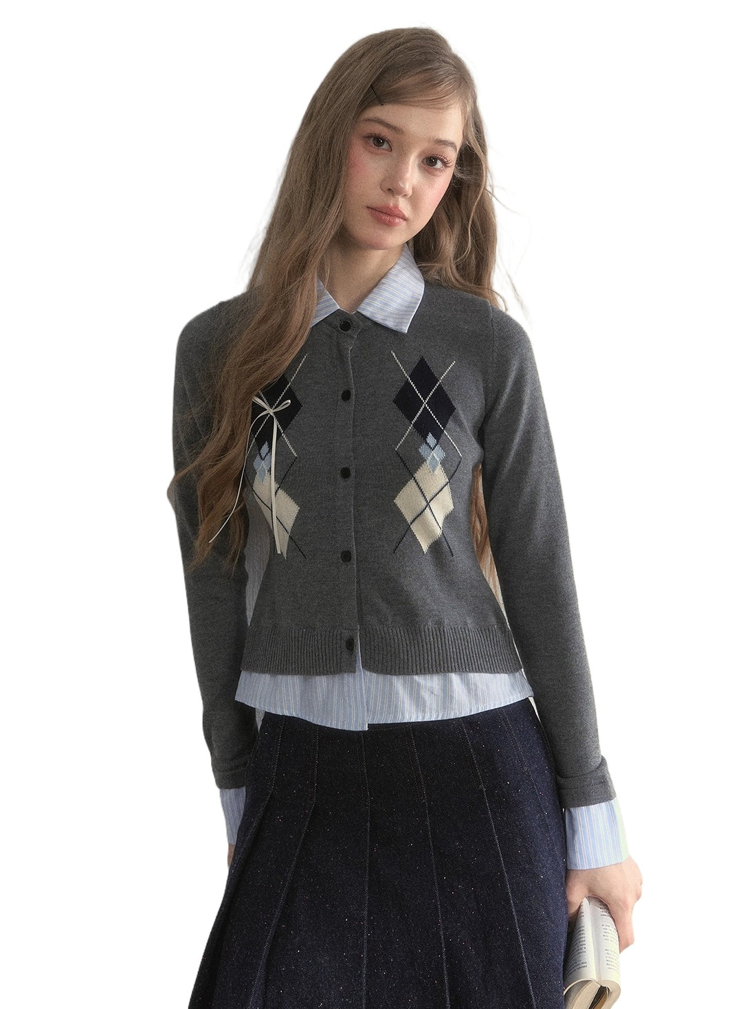 Layered Argyle Shirt Collar Knit Cardigan