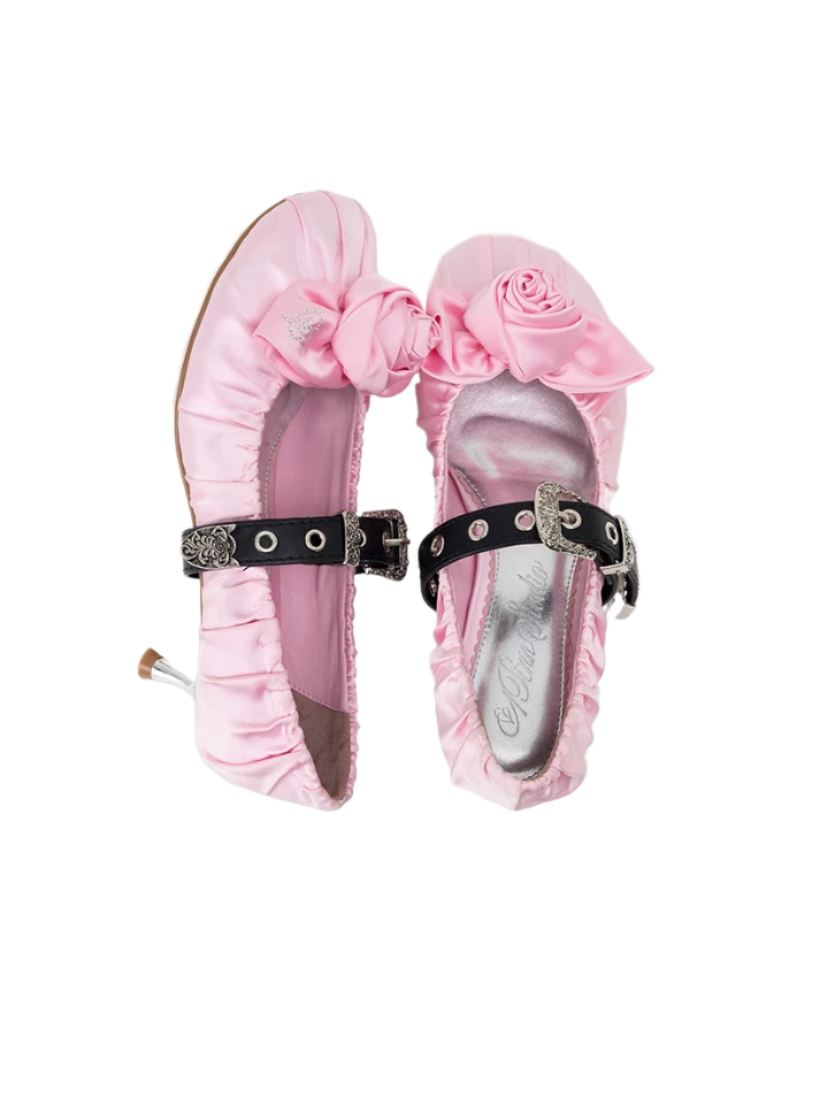 Satin Ruched Rose Kitten Heel Ballet Flats 1Jinn Studio
