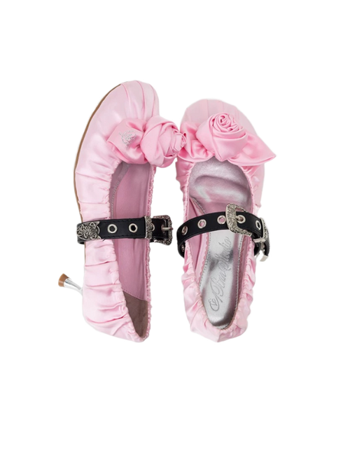 Satin Ruched Rose Kitten Heel Ballet Flats