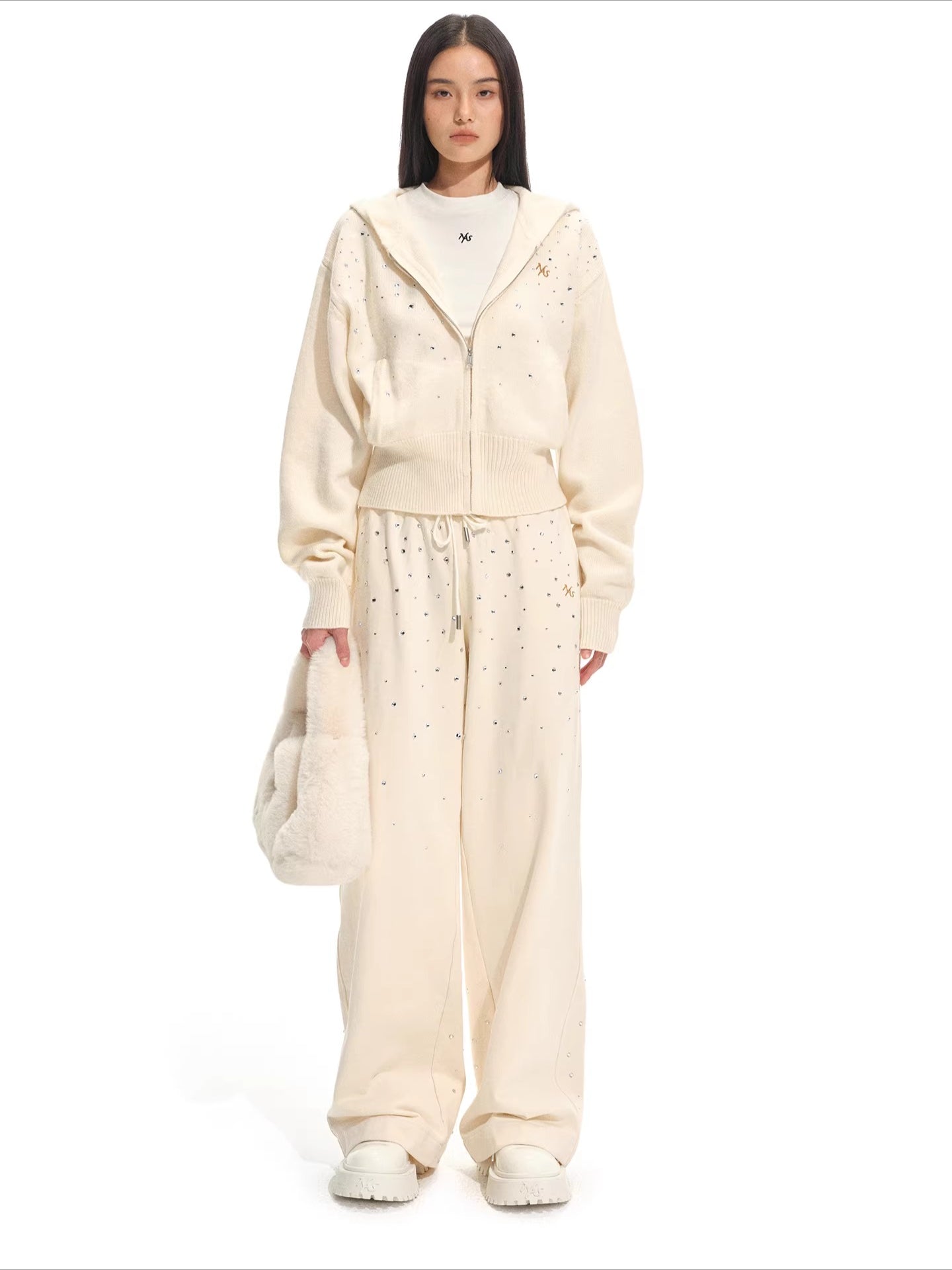 Stardust Gradient Rhinestone Hooded Knit Cardigan