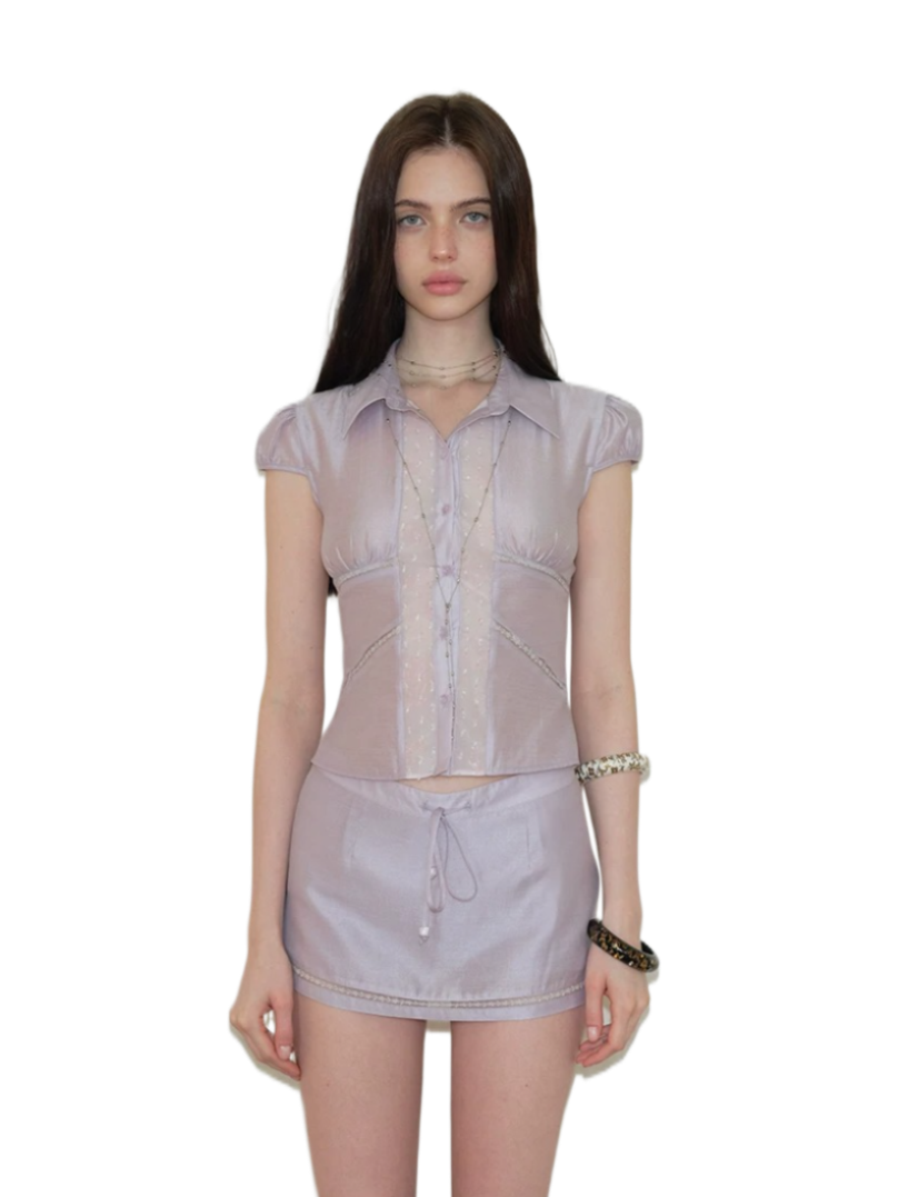 Lustrous Acetate Shirt &amp; Mini Skirt Set NeverMore