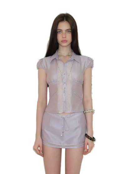 Lustrous Acetate Shirt &amp; Mini Skirt Set NeverMore
