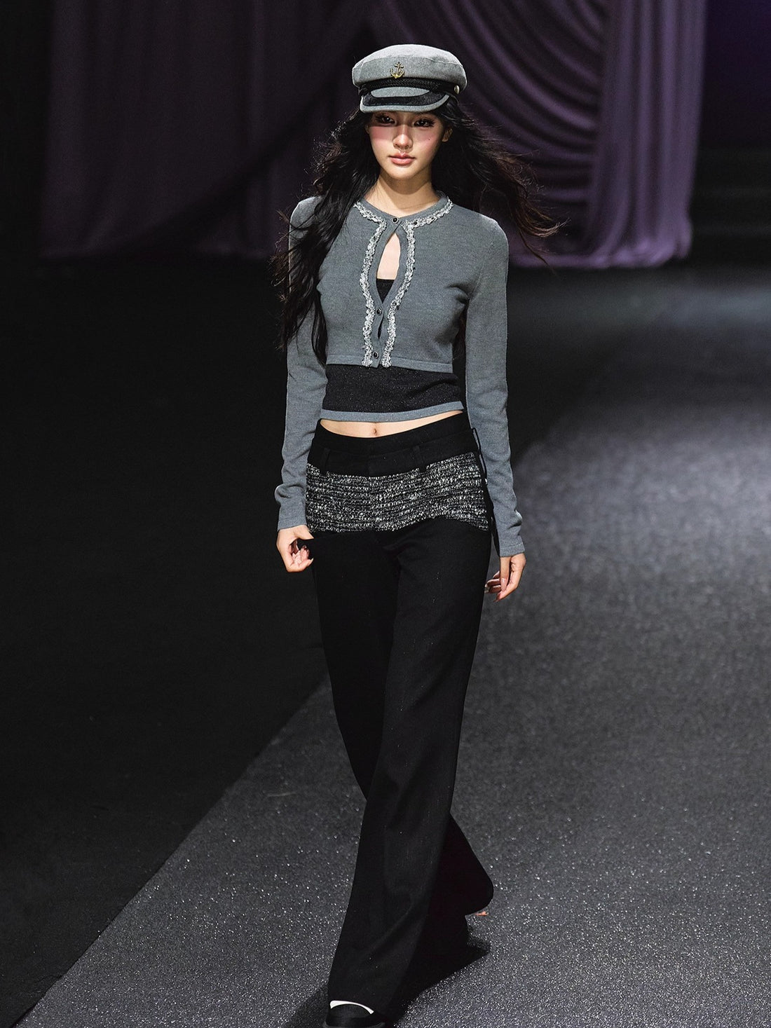 Contrast Waistband Tweed-Panel Straight Pants
