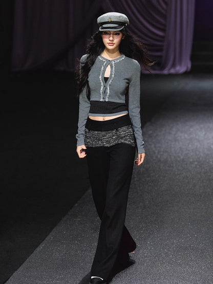Contrast Waistband Tweed-Panel Straight Pants