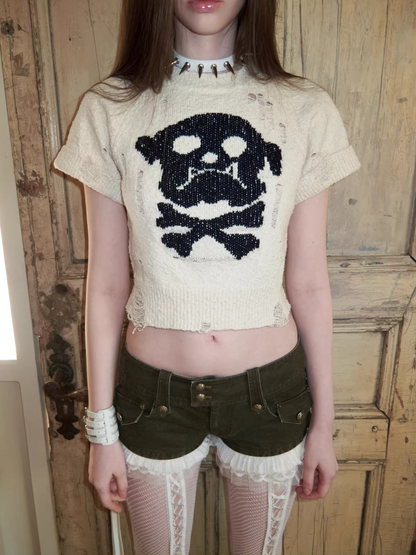 Skeleton Distressed Knit Short Sleeve Top