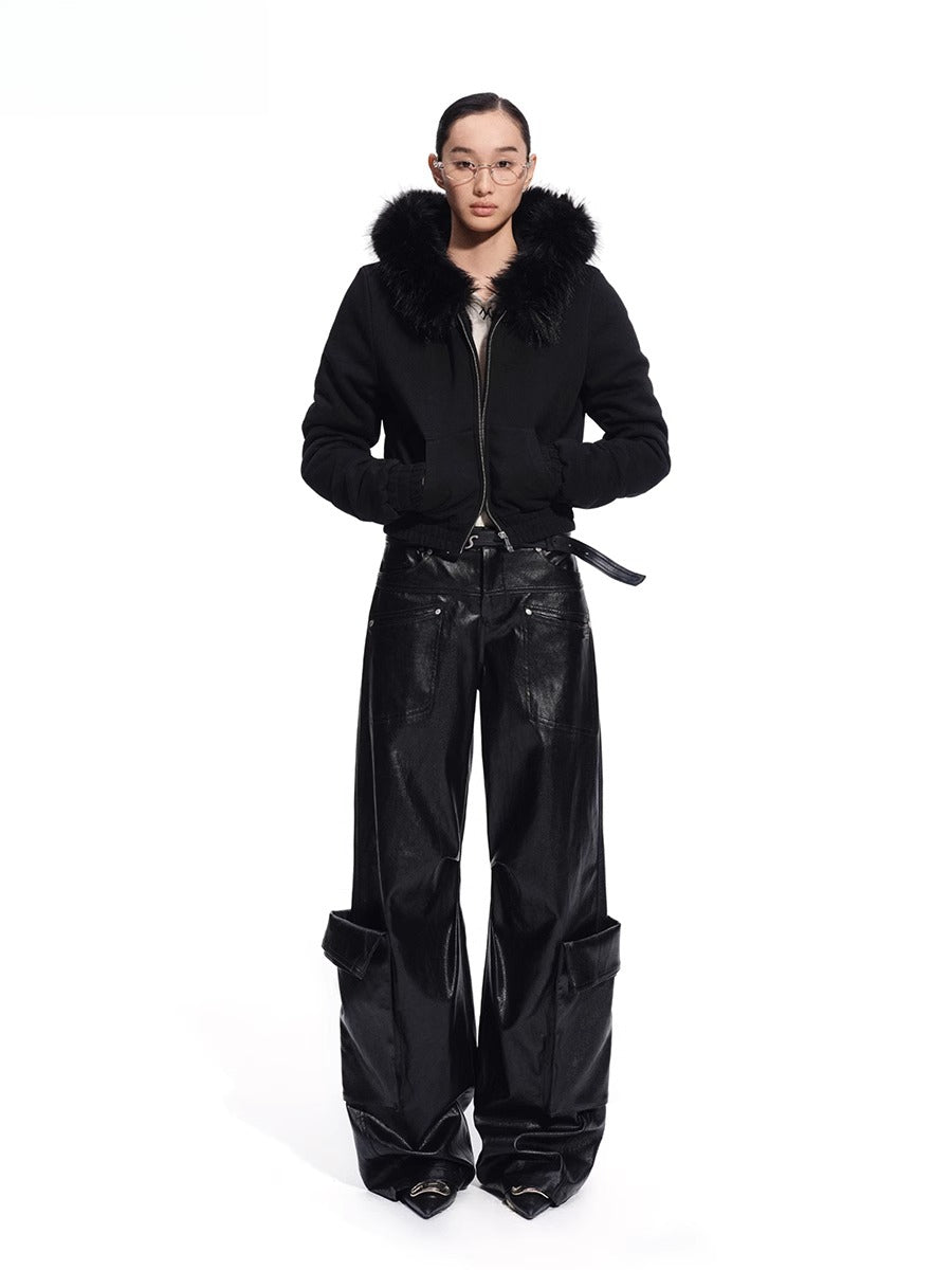 Punk-Style Eco Textured Faux Leather Wide-Leg Pants
