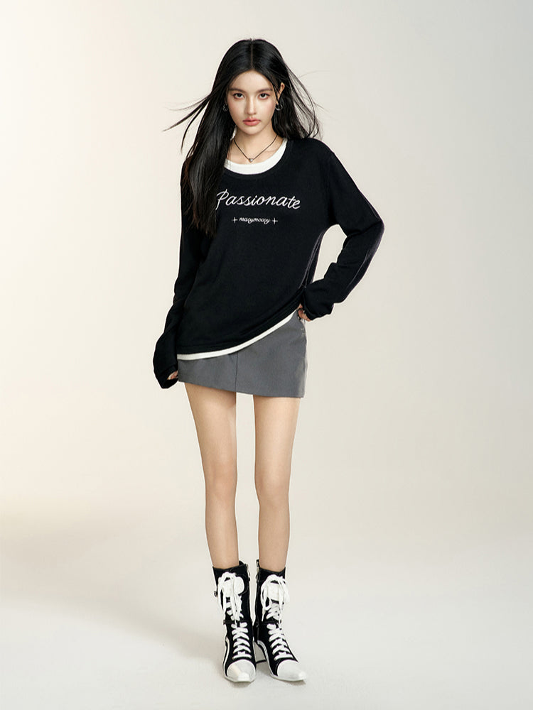 Black Crewneck Letter Embroidered Sweater