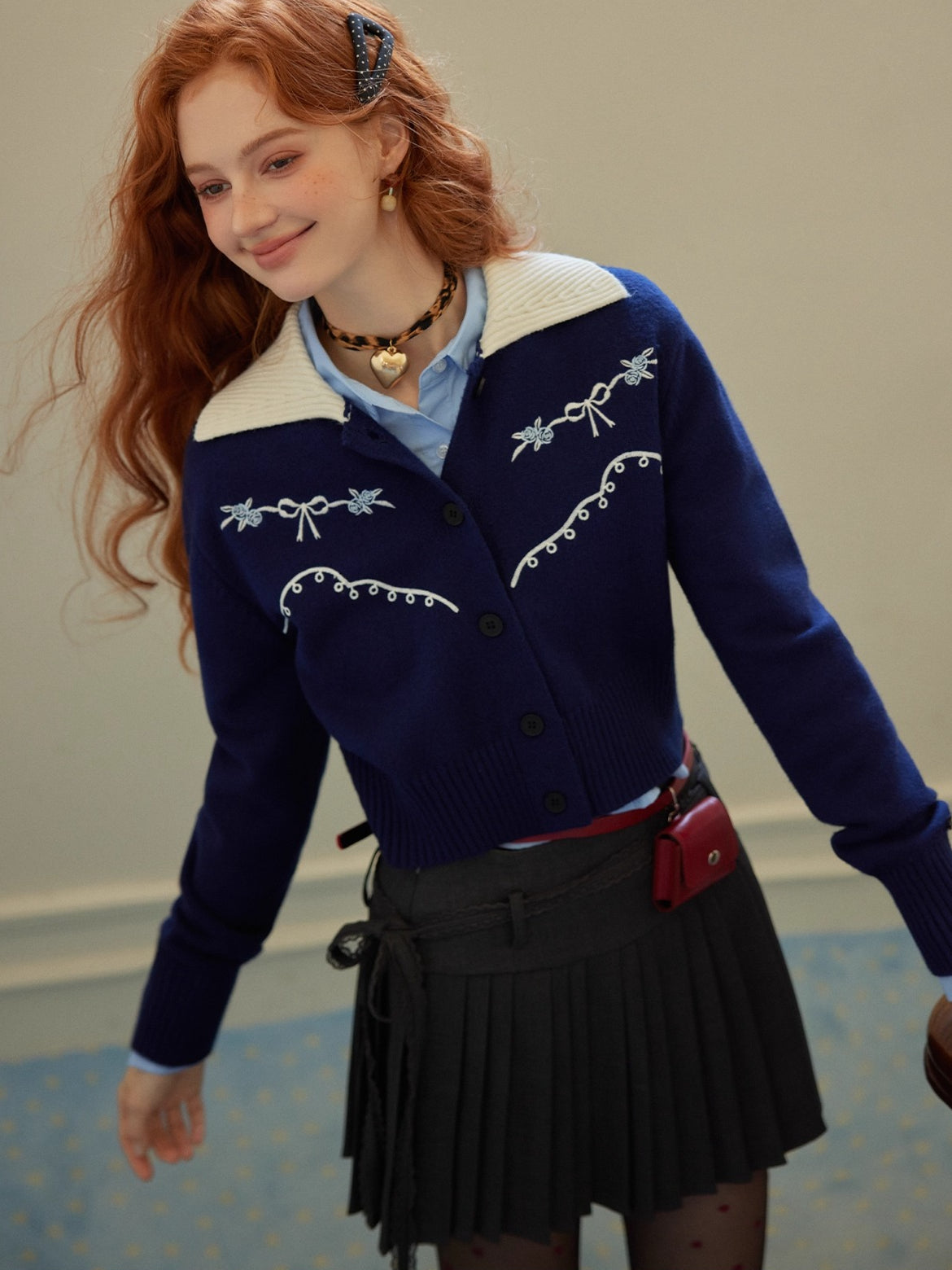 Contrast-Collar Vintage Embroidered Cropped Cardigan