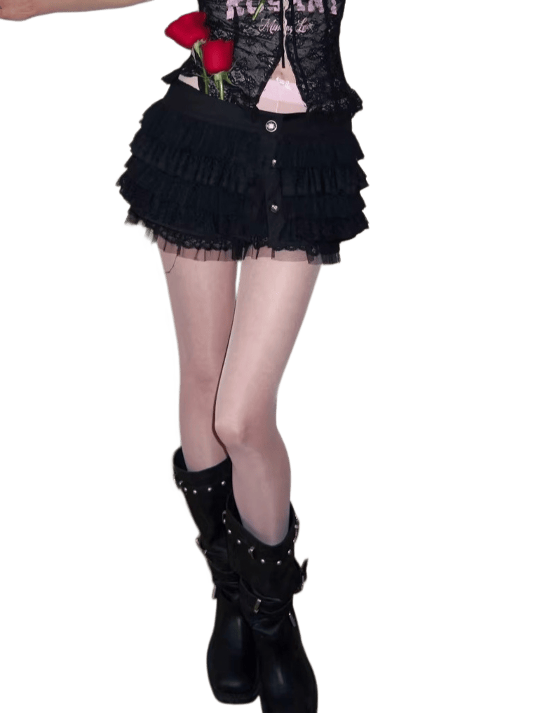 Button Chiffon Lace Layered Mini Skirt