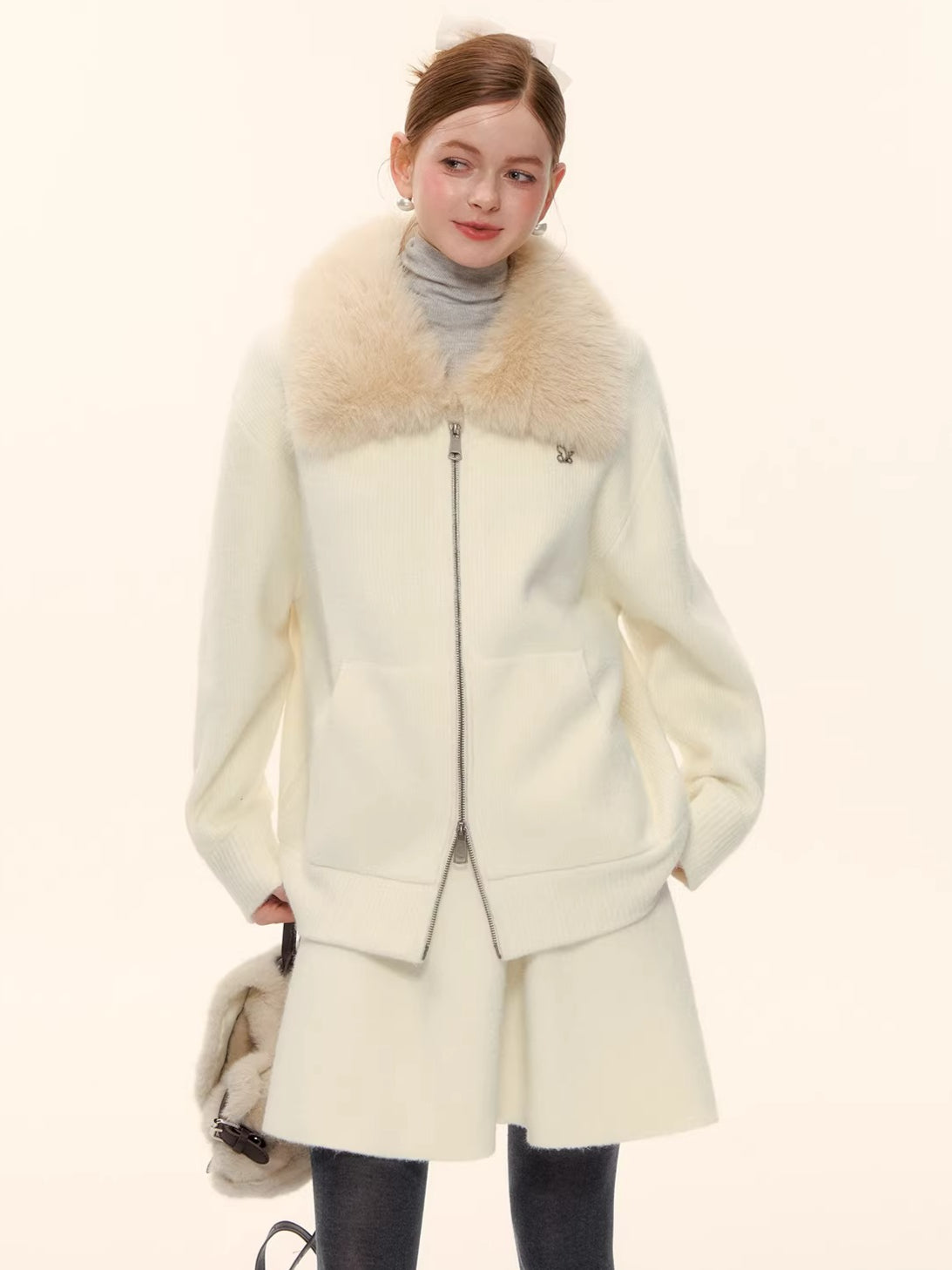 Wool-Blend Zip-Up Knit Jacket