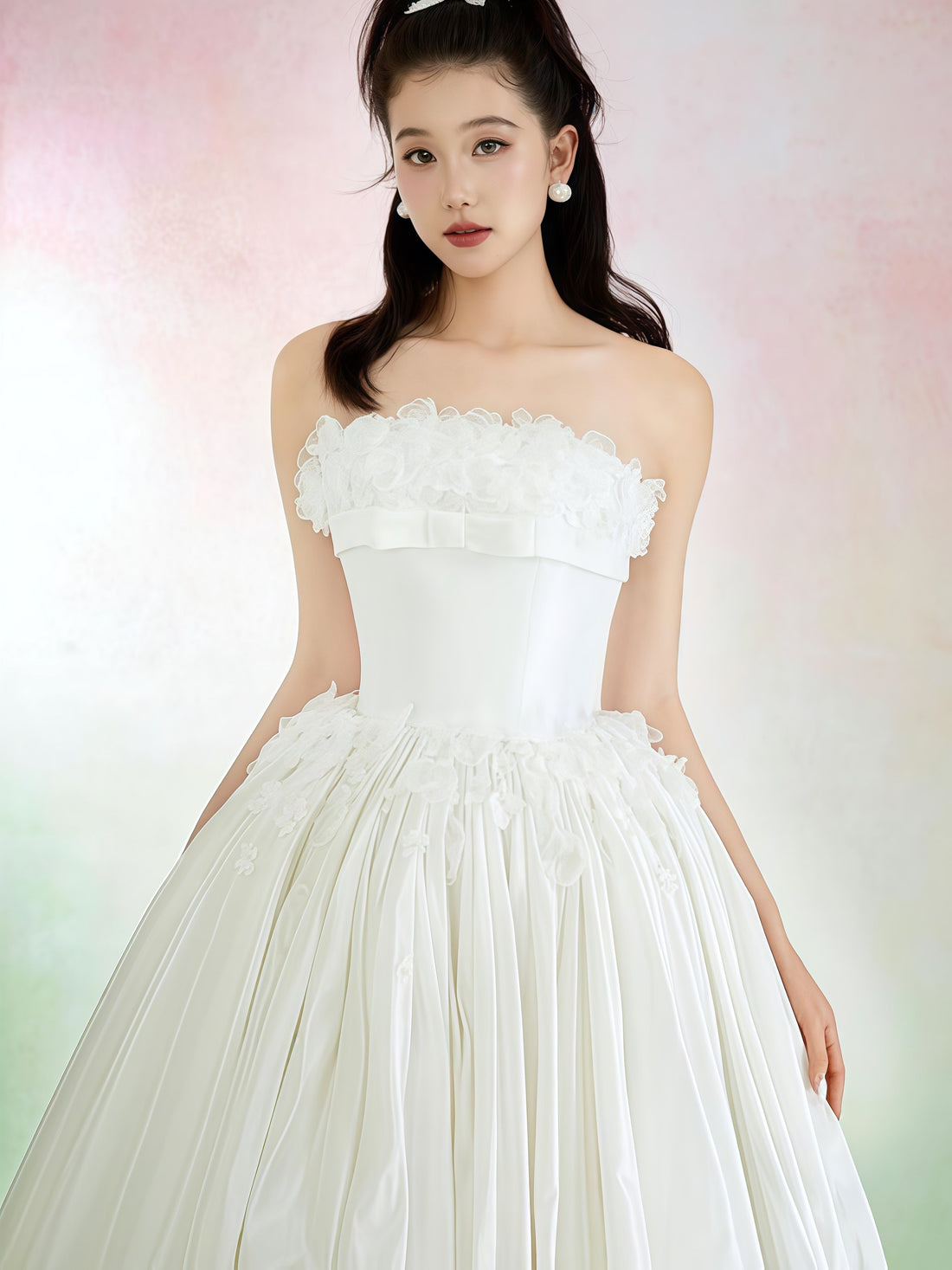 Ivory Strapless Floral Trim Midi Dress