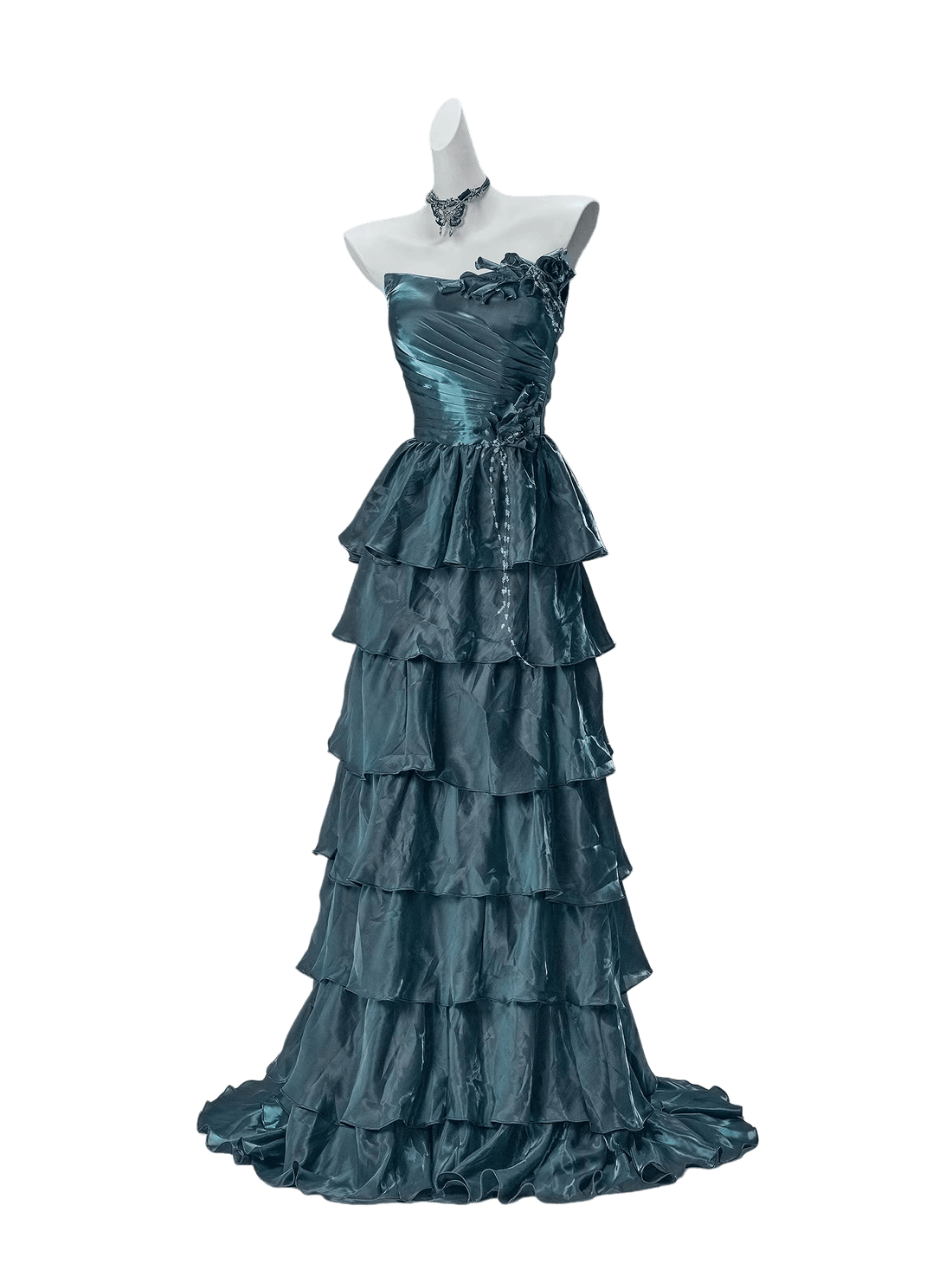Bengi Midnight Teal Tiered Couture Gown