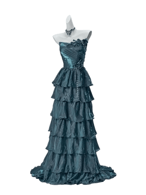 Bengi Midnight Teal Tiered Couture Gown