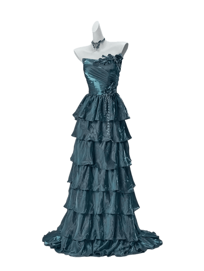 Bengi Midnight Teal Tiered Couture Gown