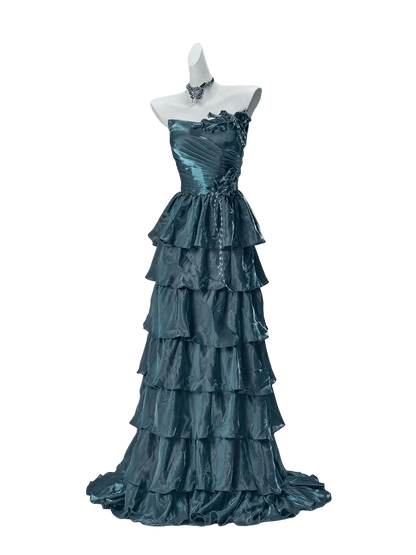 Bengi Midnight Teal Tiered Couture Gown