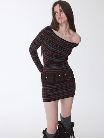 Fair Isle Off-Shoulder Jacquard Knit Dress