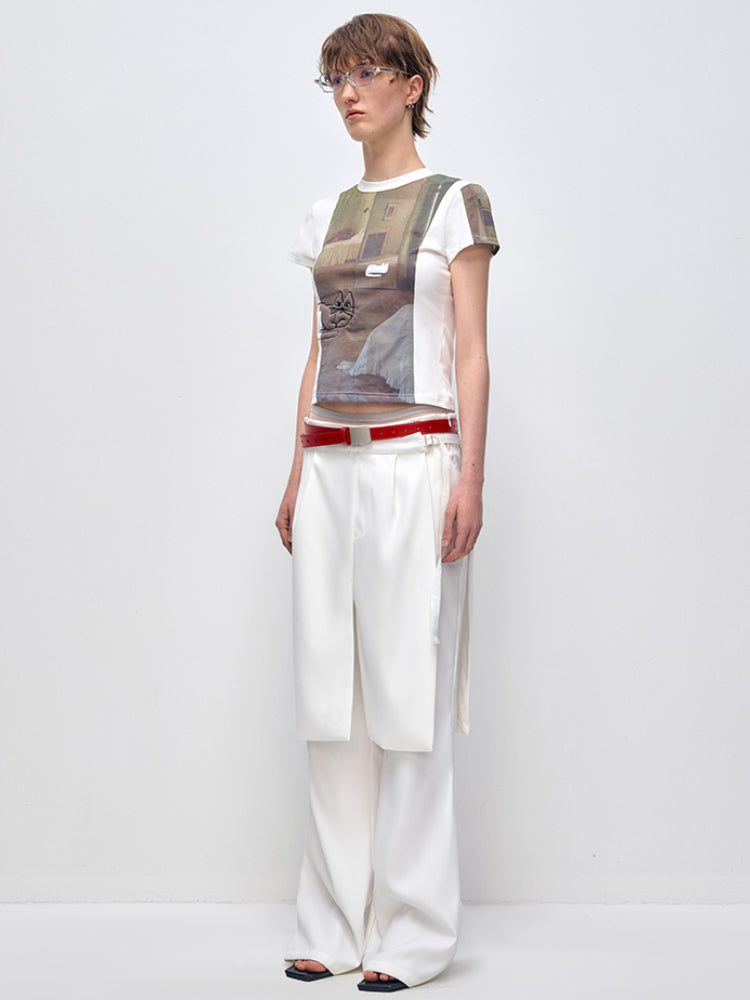 3D Cat Embroidery Shoulder Short Sleeve