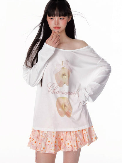 Off-Shoulder Crystal Apple Print Loose T-Shirt
