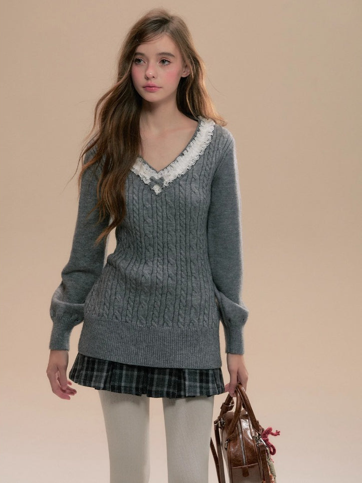 Gray Embroidered Wool Plaid Pleated Skirt