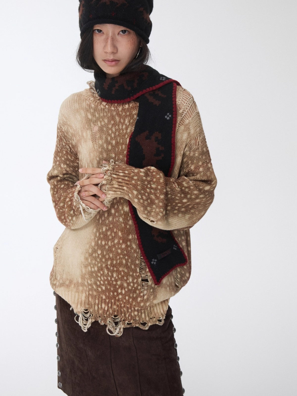 Vintage Deer Print Distressed Knit Sweater